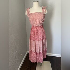 SINCERELY JULES Ditsy Floral Print Dress Sundress Midi Tie Straps Pink Size S